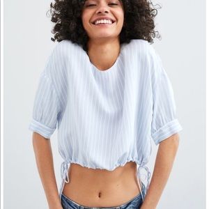 Zara Cropped Blue Striped Cinch Waist Top SzM
